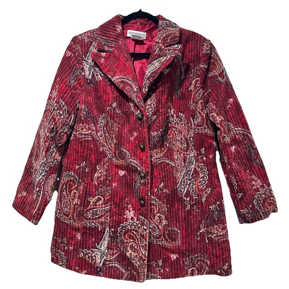 Burgundy Red corduroy Paisley Jacket Emotions Creativ Collection Womens Size 32 - Picture 1 of 9
